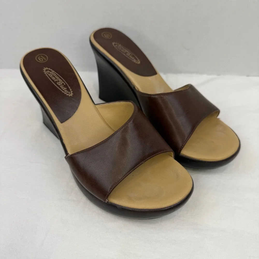 Y2K Lower East Side Brown Wedge Sandals Platform Slide Heels Vintage Womens 6.5